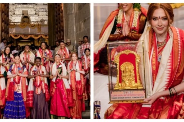 Miss Universe contestants visit the sacred temple Telangan, dressed in traditional Lechen, Bindi and Gajra. Watch
