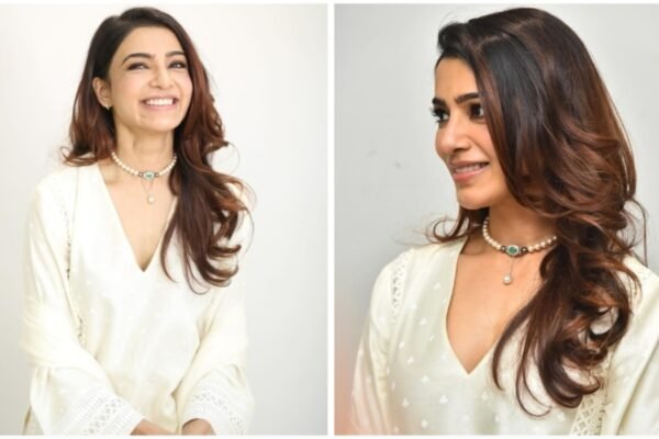 Samantha Ruth Pabhu in a simple white suit, pearl necklace and minimum makeup looks shiny without being on top